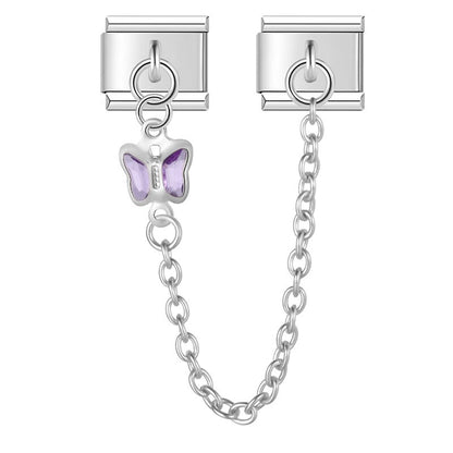 Silver safety chain with purple crystal butterfly — Italian charm bracelet, by Charmtastic