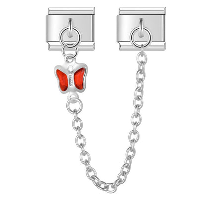 Silver safety chain with red crystal butterfly — Italian charm bracelet, by Charmtastic