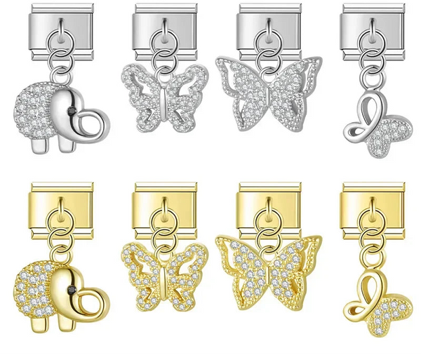 Butterfly Elephant Dazzling charms – assorted silver and gold dazzling CZ elephant and butterfly charms, Italian charm bracelet charms by Charmtastic