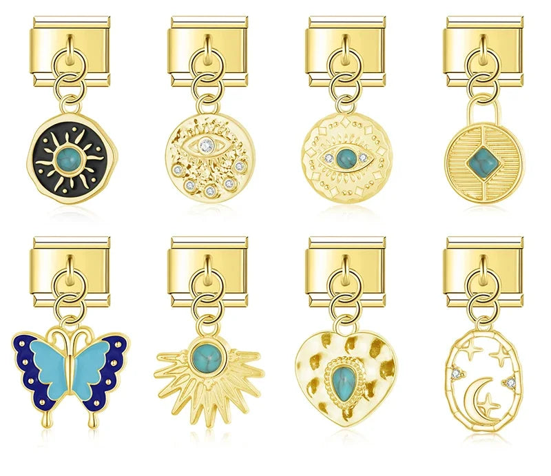 Butterfly Heart Eye golden charms – gold Italian charm set including evil eye disc, sun disc, turquoise stone disc, butterfly, heart, and moon star charms, Italian charm bracelet charms by Charmtastic