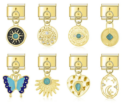 Butterfly Heart Eye golden charms – gold Italian charm set including evil eye disc, sun disc, turquoise stone disc, butterfly, heart, and moon star charms, Italian charm bracelet charms by Charmtastic