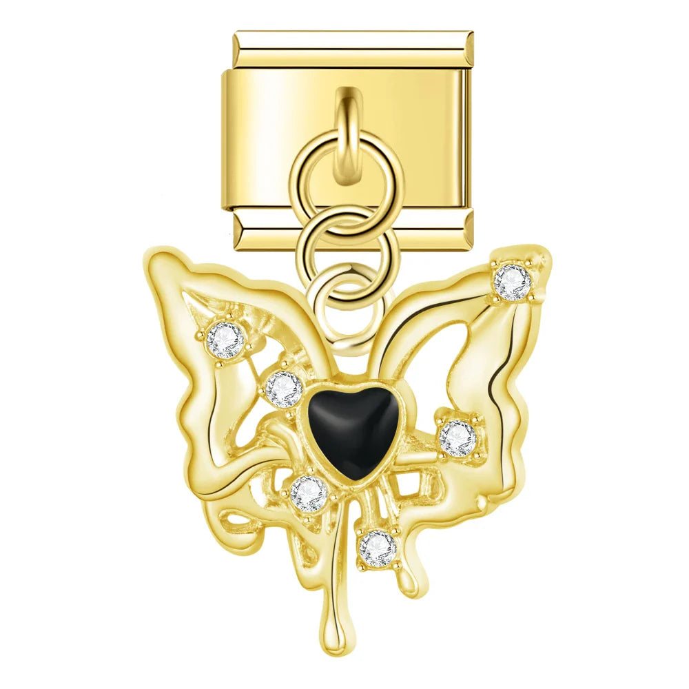 Butterfly Shiny charms silver&gold – gold butterfly dangle charm with black heart, Italian charm bracelet charm by Charmtastic
