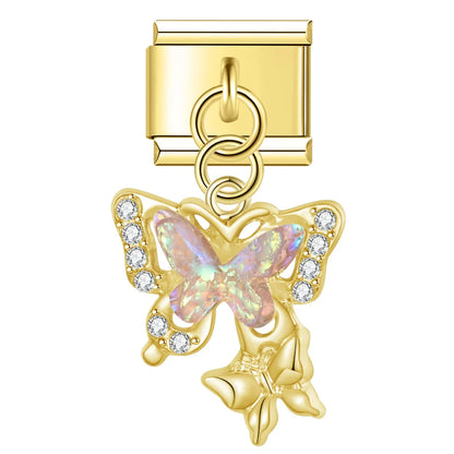 Butterfly Shiny charms silver&gold – second view of gold opal CZ butterfly dangle charm, Italian charm bracelet charm by Charmtastic