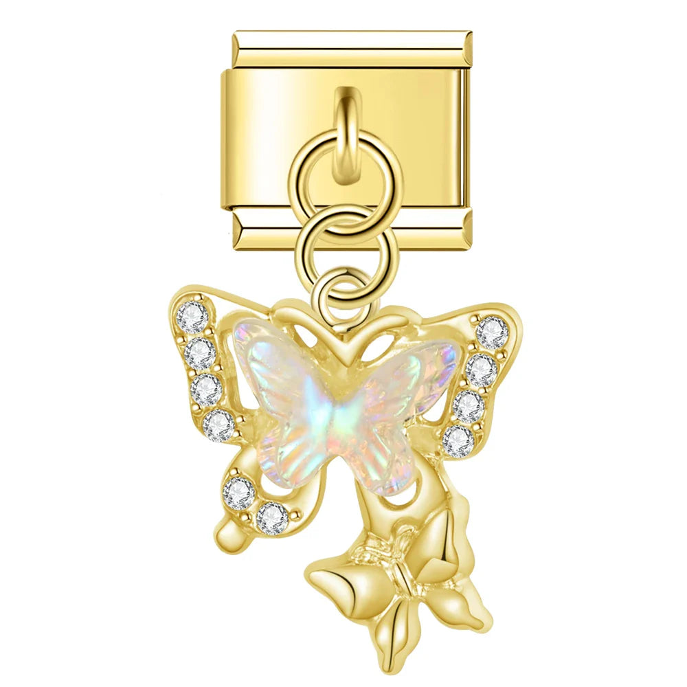 Butterfly Shiny charms silver&gold – third view of gold opal CZ butterfly dangle charm, Italian charm bracelet charm by Charmtastic