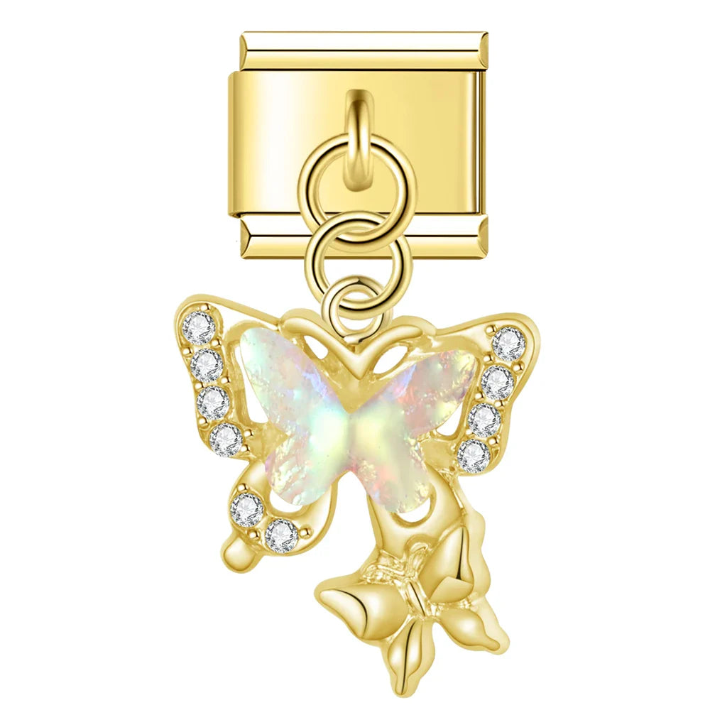 Butterfly Shiny charms silver&gold – gold opal CZ butterfly dangle charm, Italian charm bracelet charm by Charmtastic