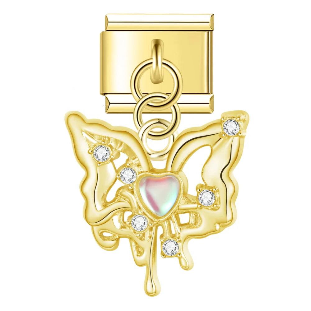 Butterfly Shiny charms silver&gold – gold butterfly dangle charm with white opal heart, Italian charm bracelet charm by Charmtastic