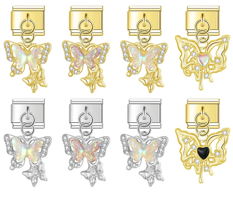 Butterfly Shiny charms silver&gold – shiny CZ butterfly dangle charms in silver and gold, Italian charm bracelet charms by Charmtastic