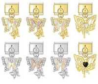 Shiny Butterfly Dangle Italian Charms — Silver & Gold CZ Crystal Butterfly Dangle Links