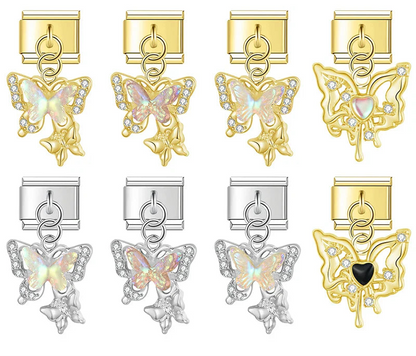 Butterfly Shiny charms silver&gold – shiny CZ butterfly dangle charms in silver and gold, Italian charm bracelet charms by Charmtastic