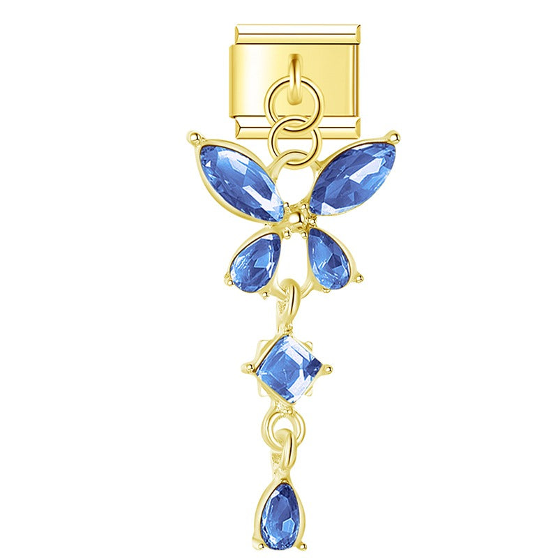 Butterfly Shiny dangle charms gold silver – gold blue crystal butterfly drop dangle charm, Italian charm bracelet charm by Charmtastic