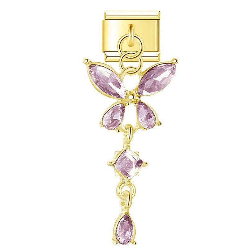second view of Butterfly Shiny dangle charms gold silver – gold pink crystal butterfly drop dangle charm, Italian charm bracelet charm by Charmtastic