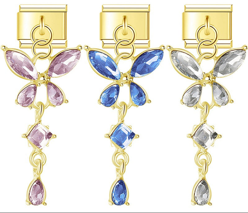 Butterfly Shiny dangle charms gold silver – overview of crystal butterfly drop dangle charm color options, Italian charm bracelet charms by Charmtastic