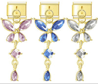 Butterfly Crystal Dangle Italian Charms — Marquise CZ Drop Pendant Links in Gold, Pink & Blue