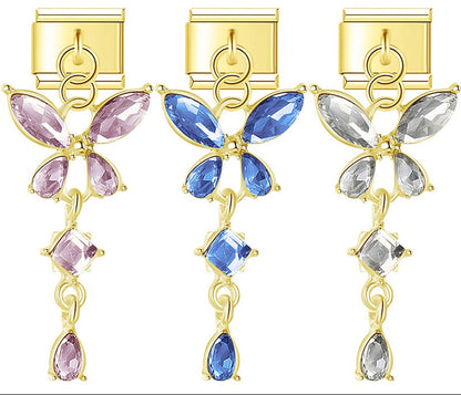 Butterfly Shiny dangle charms gold silver – overview of crystal butterfly drop dangle charm color options, Italian charm bracelet charms by Charmtastic