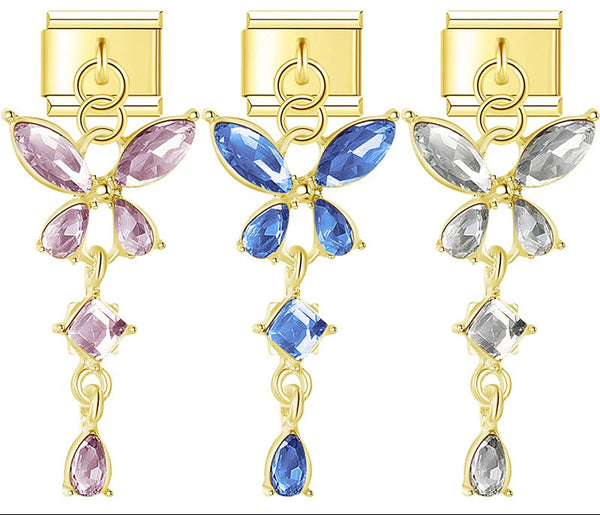 Butterfly Shiny dangle charms gold silver – overview of crystal butterfly drop dangle charm color options, Italian charm bracelet charms by Charmtastic