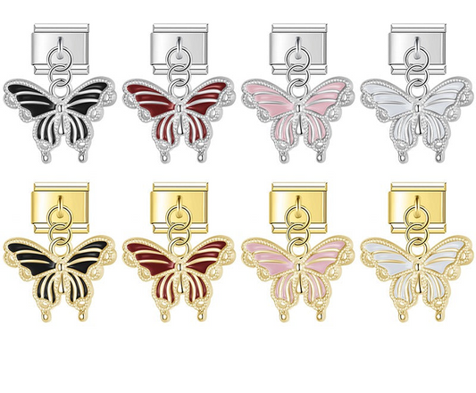 Italian charm bracelet link featuring a scalloped butterfly silhouette dangle in black, red, pink, and white enamel with silver and gold finishes.