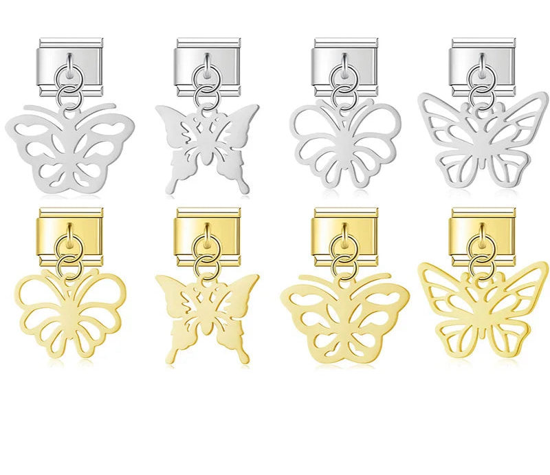 A set of 8 butterfly dangle Italian charms on silver and gold 9mm modular links featuring various laser-cut wing silhouettes - Charmtastic