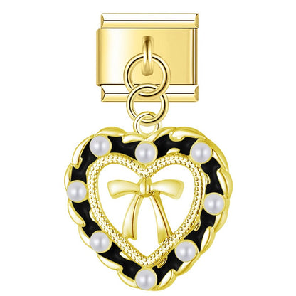 Tulip Moon & Pearl Bow Heart Dangle Charm in Gold
