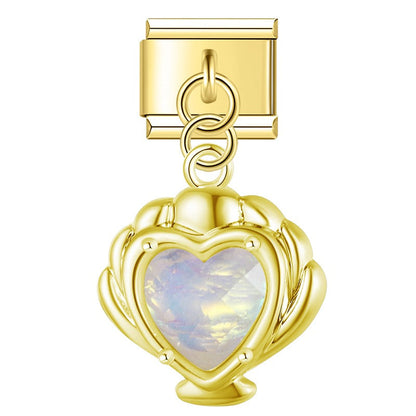 Mermaid’s Treasure Shell & Opalescent Heart Dangle Italian Charms — Ocean Pearl & Shell Dangle Links