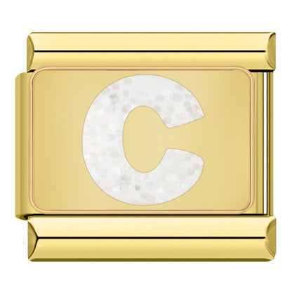 Golden Glitter Letter Initial Italian Charms A–Y — White Glitter Alphabet Gold Border Links