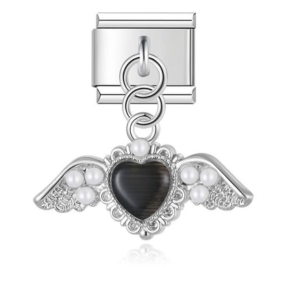 Crystal Orbit & Pearl Winged Heart Dangle Italian Charms — Silver & Gold Ribbon Heart & Wing Dangle Links