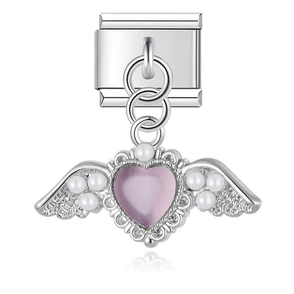 Crystal Orbit & Pearl Winged Heart Dangle Italian Charms — Silver & Gold Ribbon Heart & Wing Dangle Links