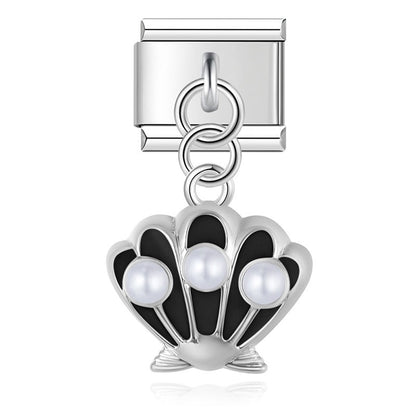 Pearl Scallop Shell Dangle Italian Charms — Silver & Gold Enamel Shell Dangle Links