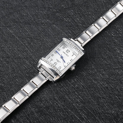 Elegant Silver Rectangle Customisable Italian Charm Watch — Clean Rectangular Watch Bracelet