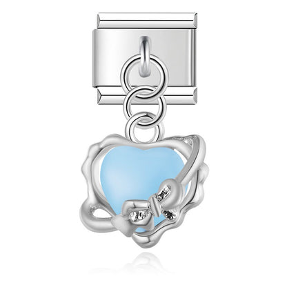 Crystal Orbit & Pearl Winged Heart Dangle Italian Charms — Silver & Gold Ribbon Heart & Wing Dangle Links