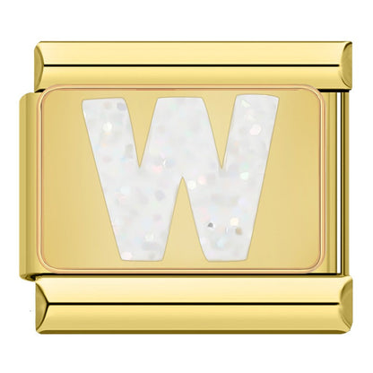 Golden Glitter Letter Initial Italian Charms A–Y — White Glitter Alphabet Gold Border Links