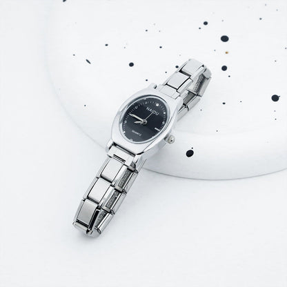 Sleek Oval Silver Watch with Minimalist Dial — Clean Italian Charm Watch Bracelet