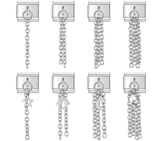 9mm silver Italian charm bracelet links featuring single to quadruple cascading chain tassels, alongside star, penguin, moon, and dolphin dangles with chains.