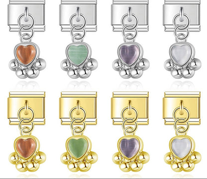 Cat Claw Charms Silver & Gold – paw print charm with heart-shaped gemstone in orange, green, purple, and white across silver and gold, Italian charm bracelet charms by Charmtastic