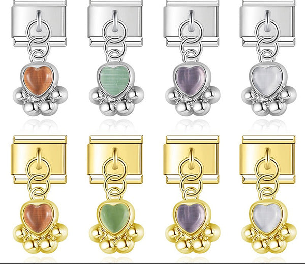 Cat Claw Charms Silver & Gold – paw print charm with heart-shaped gemstone in orange, green, purple, and white across silver and gold, Italian charm bracelet charms by Charmtastic