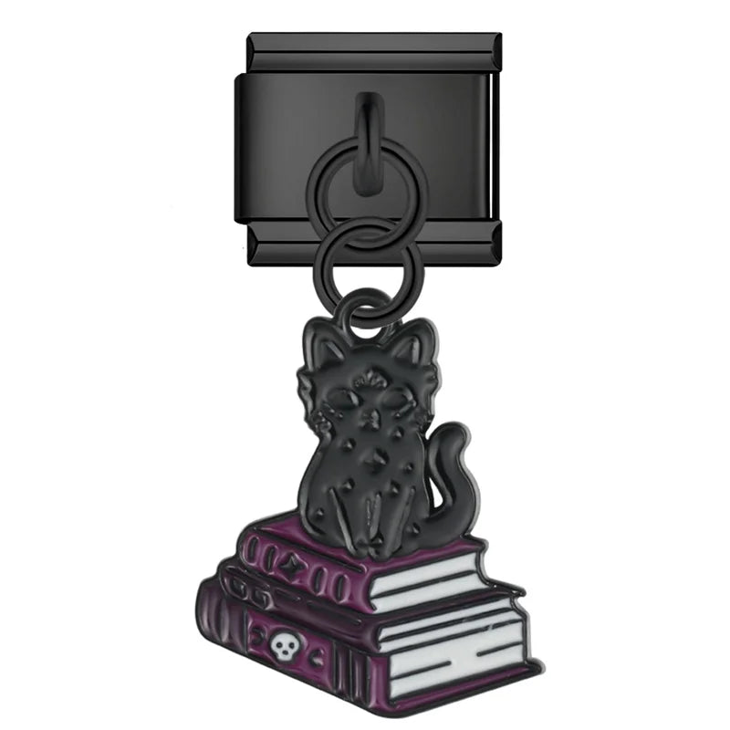 Black cat on books Halloween dangle Italian charm, by Charmtastic