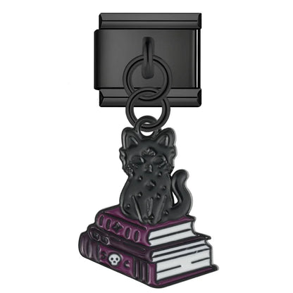 Black cat on books Halloween dangle Italian charm, by Charmtastic