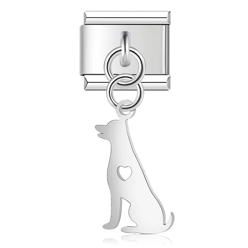 Cat Skull Dog Kiss Hope silver charms – silver sitting dog silhouette charm with heart cutout, Italian charm bracelet charm by Charmtastic