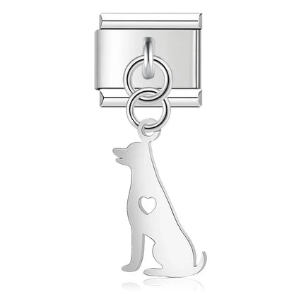 Cat Skull Dog Kiss Hope silver charms – silver sitting dog silhouette charm with heart cutout, Italian charm bracelet charm by Charmtastic