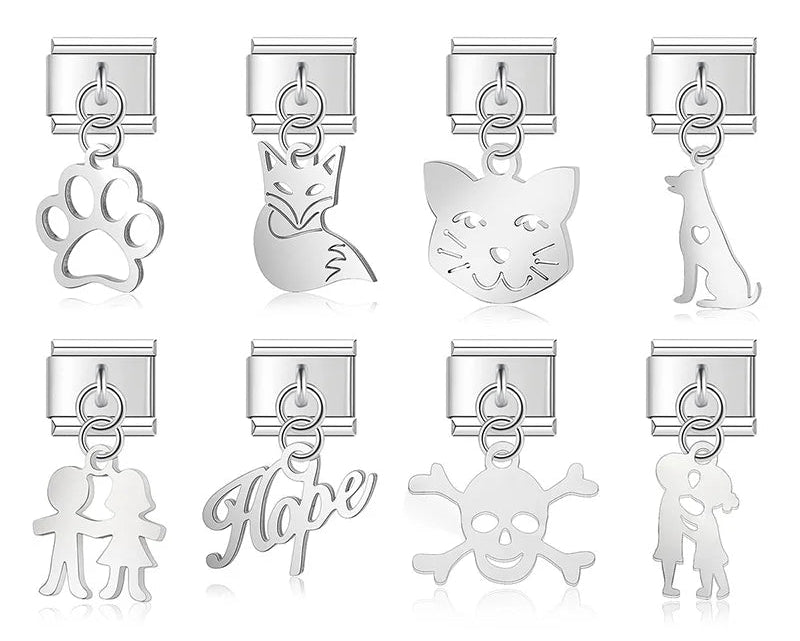 Cat Skull Dog Kiss Hope silver charms – silver paw print, fox, cat, dog, couple, Hope word, and skull charms, Italian charm bracelet charms by Charmtastic
