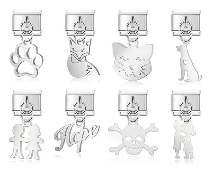 Cat Skull Dog Kiss Hope silver charms – silver paw print, fox, cat, dog, couple, Hope word, and skull charms, Italian charm bracelet charms by Charmtastic