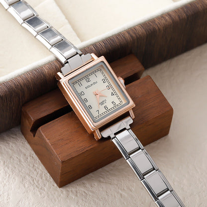 Vintage Square Two-Tone Rose Gold Watch — Rose Gold & Silver Italian Charm Watch Bracelet