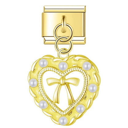 Tulip Moon & Pearl Bow Heart Dangle Charm in Gold