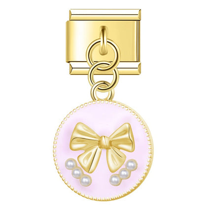 Heart & Pearl Bow Dangle Italian Charms in Gold — Textured Enamel Heart & Pearl Medallion Dangle Links