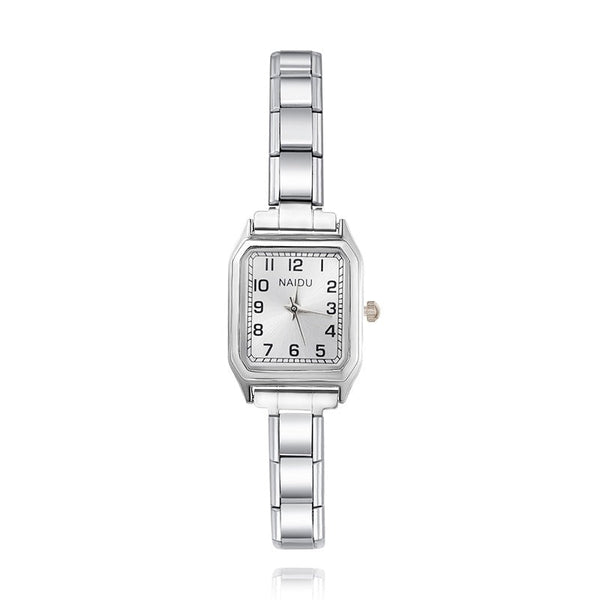 Silver wristwatch with square dial charmatstic