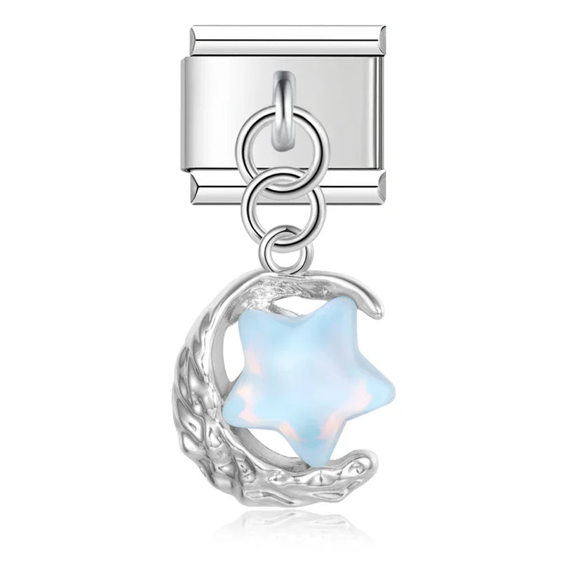 Silver opal blue moon and star dangle — Italian charm bracelet, by Charmtastic