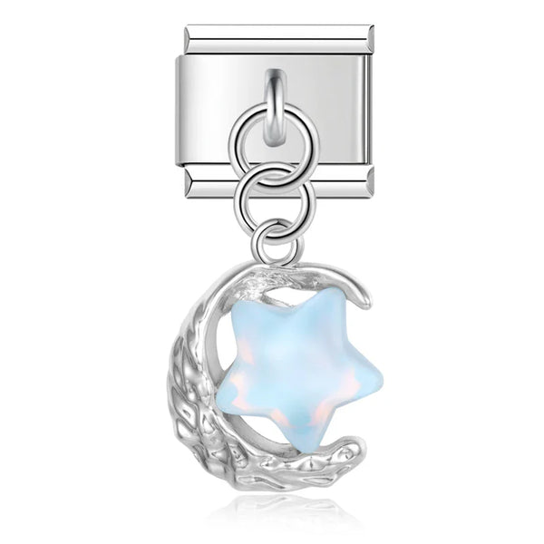 Silver opal blue moon and star dangle — Italian charm bracelet, by Charmtastic