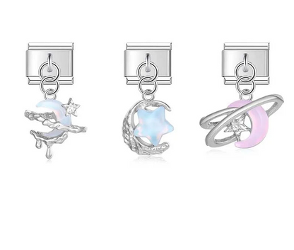 Silver opal celestial moon, star and planet dangle Italian charms collection, by Charmtastic