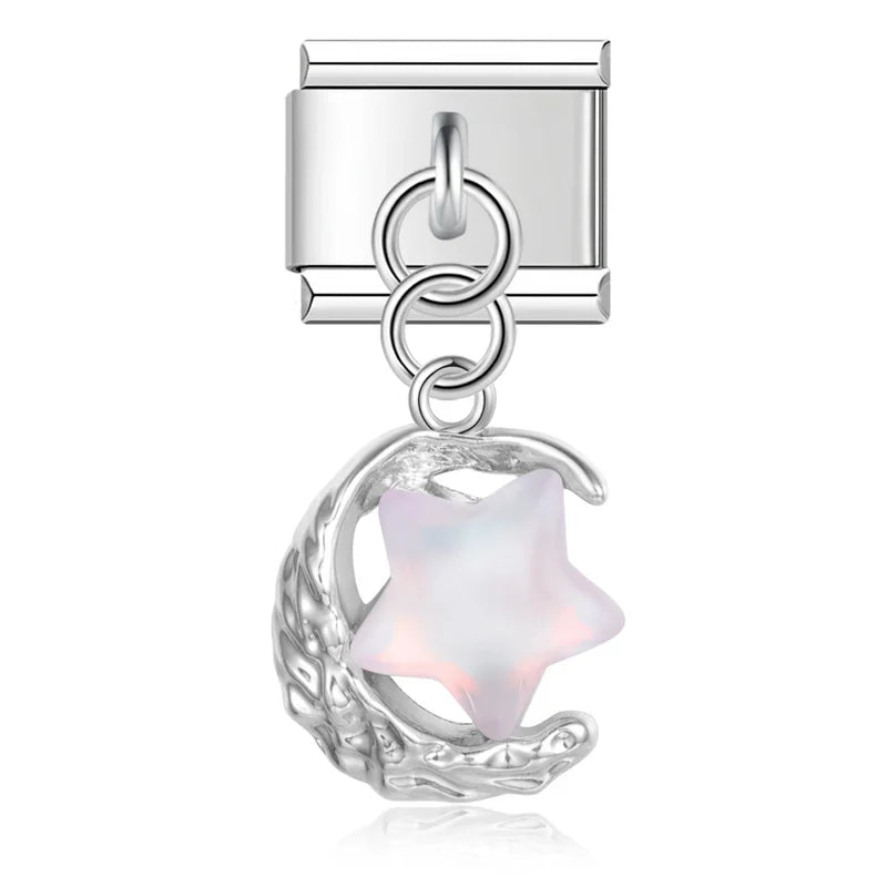 Silver opal pink moon and star dangle — Italian charm bracelet, by Charmtastic