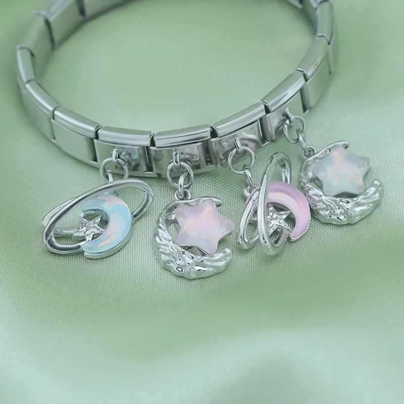 Celestial moon and star dangle Italian charm detail — 9mm bracelet, by Charmtastic