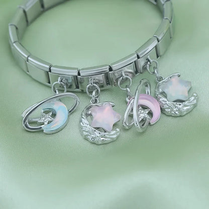 Celestial moon and star dangle Italian charm detail — 9mm bracelet, by Charmtastic